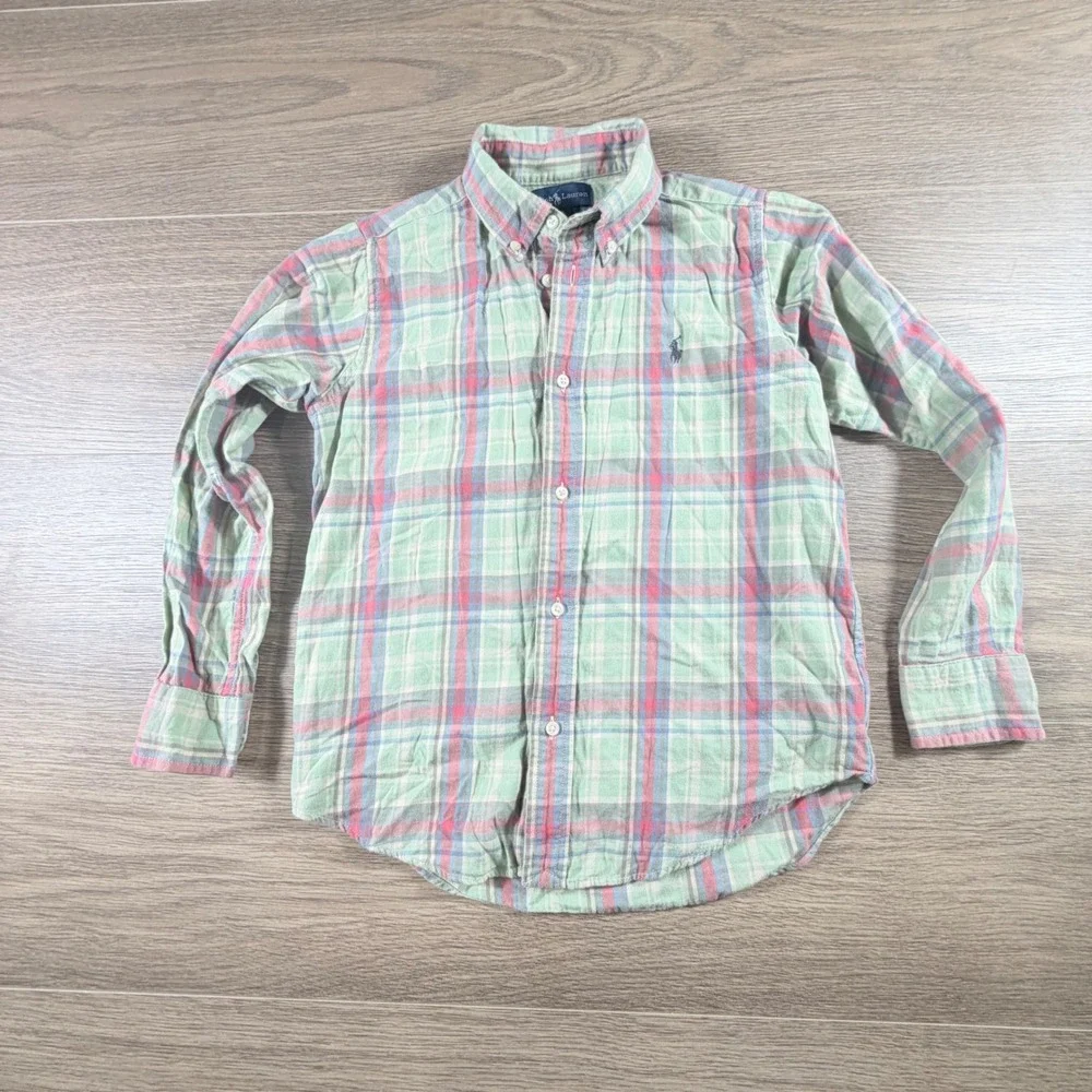 Ralph Lauren Boys Flannel Plaid Button Down Shirt Green Pink Size 7 Fall Preppy